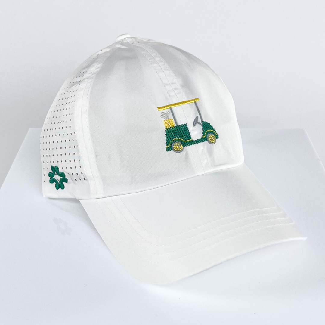Golf Cart Cross Stitch Sun Goddess, Tuck In Strap, white, UPF 50+ - VIMHUE